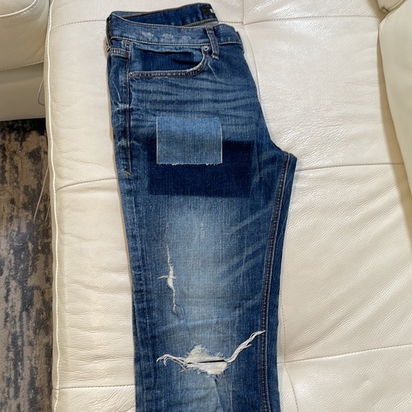 NEW MENS EXPRESS BLUE JEANS WITH STRETCH SLIM SIZE 31”X34” DISTRESSED PATCHES - Picture 3 of 9